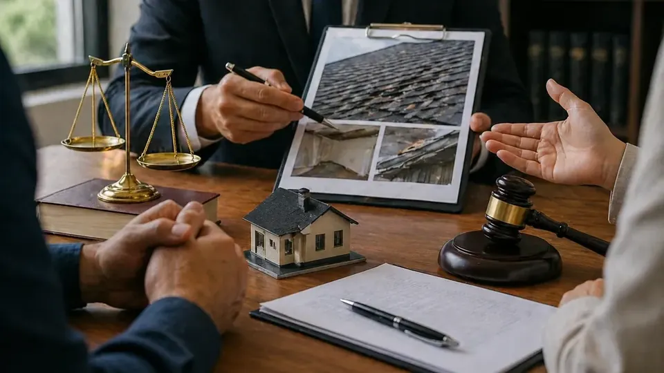 Homeowner reviewing an insurance claim denial letter at a kitchen table