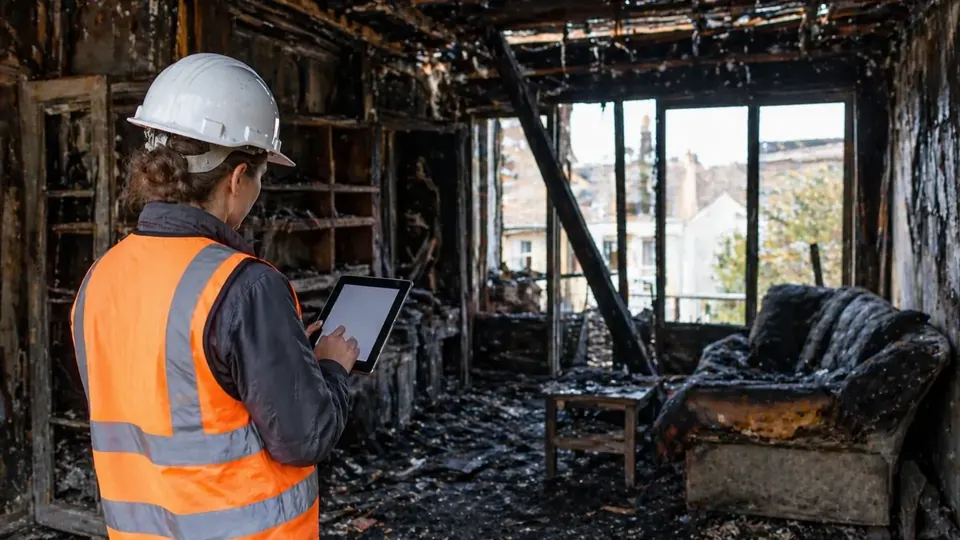 Fire-damaged interior of a home in McAllen, Texas with charred framing and debris