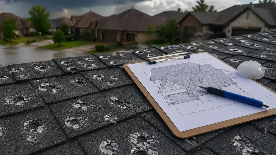 Hail-damaged composition shingle roof on a McAllen, Texas home after a spring storm
