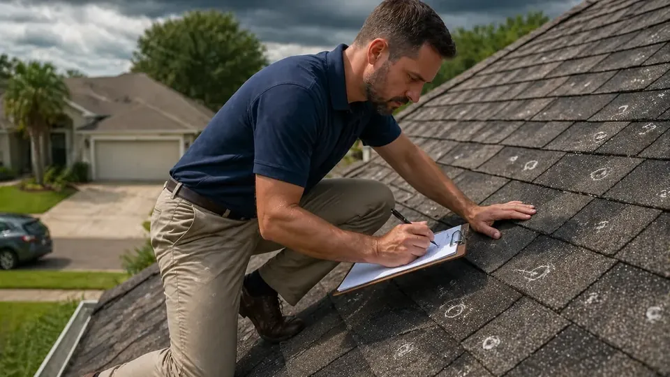 Inspector examining storm-damaged shingles on a residential roof in McAllen, Texas