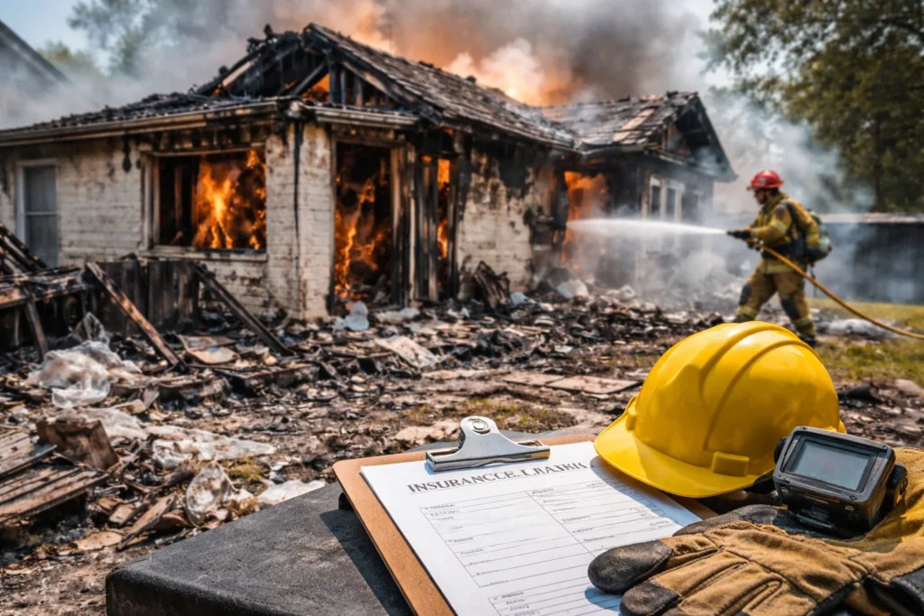 Public adjuster documenting fire and smoke damage inside a McAllen home