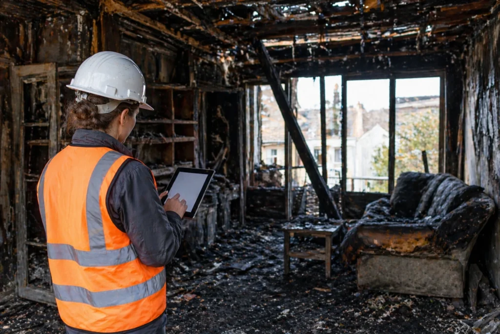 Adjuster documenting fire and smoke damage inside a house