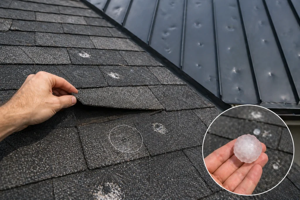 Hailstones next to a ruler on a driveway after a storm