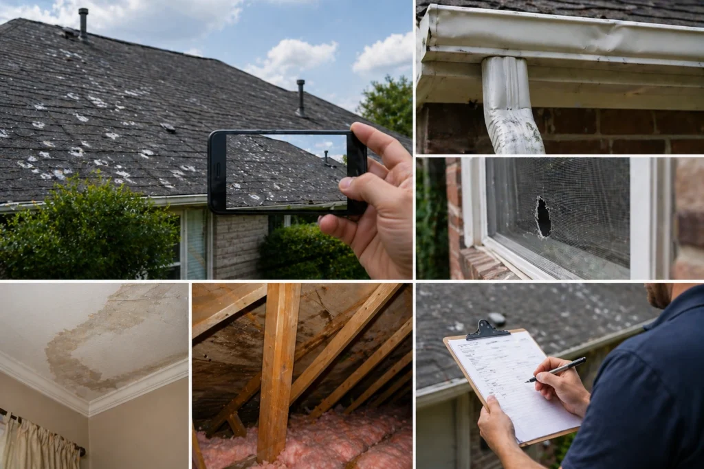 Close-up of hail impact marks on composition shingles
