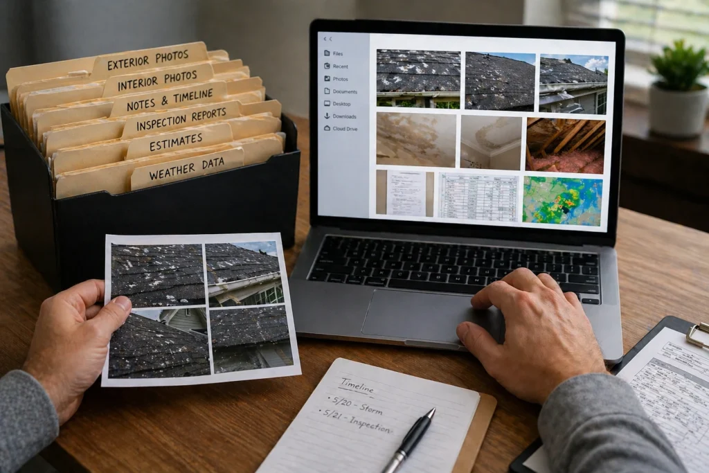 Organized digital folders of hail claim photos and documents