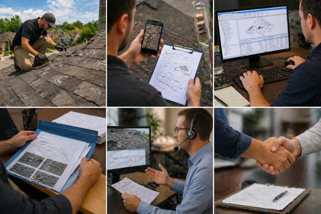 Line-item roof estimate being reviewed on a laptop