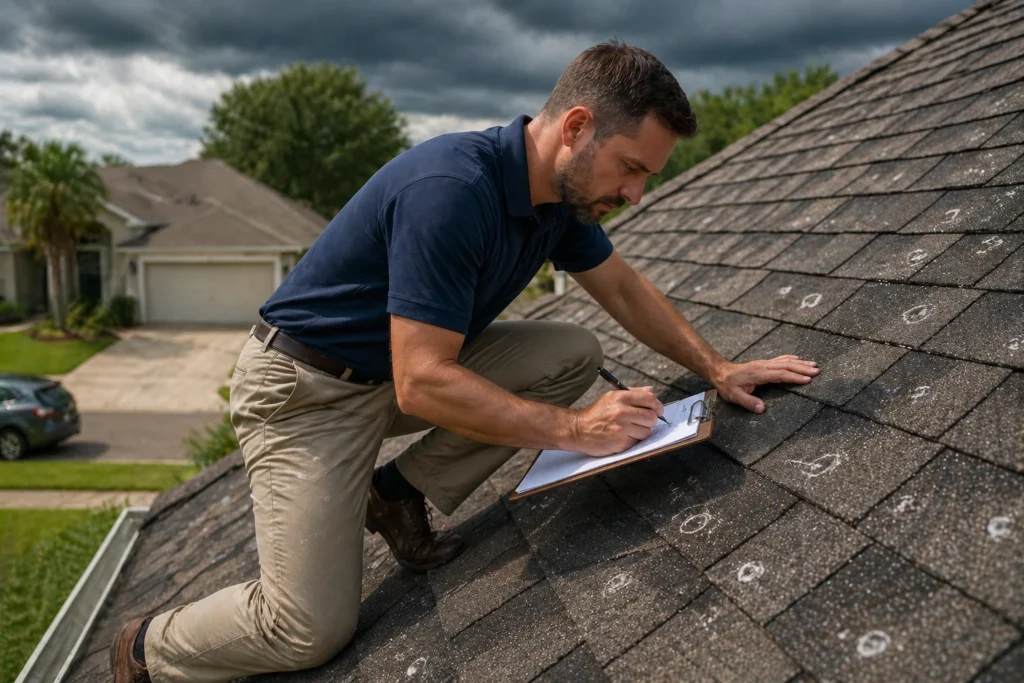 Adjuster inspecting hail impacts on a composition shingle roof