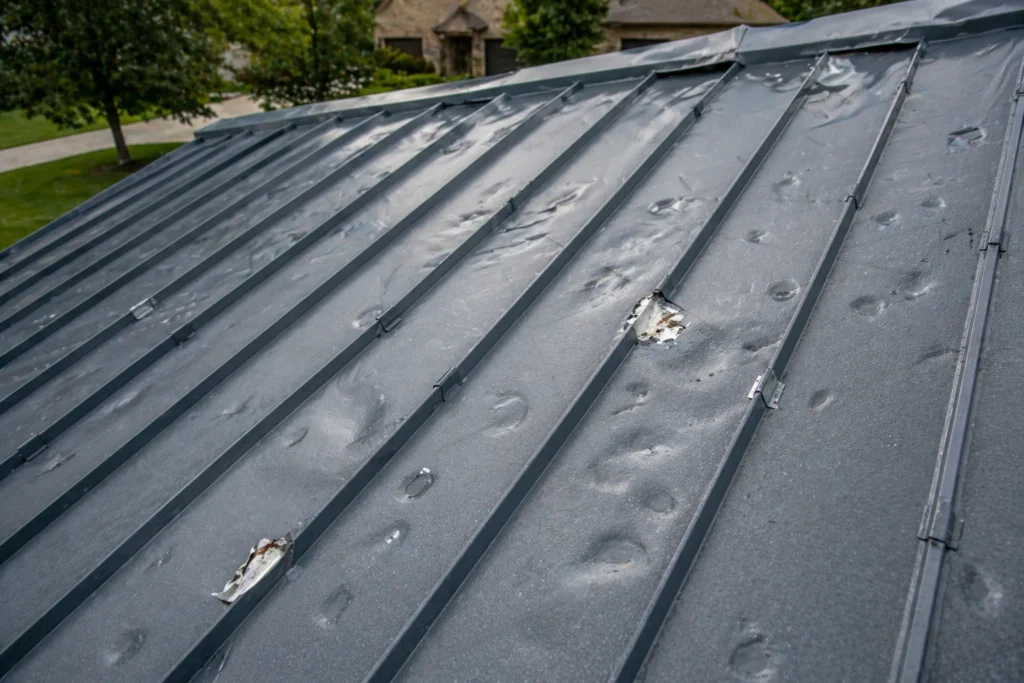 Close-up of hail impact marks and granule loss on asphalt shingles