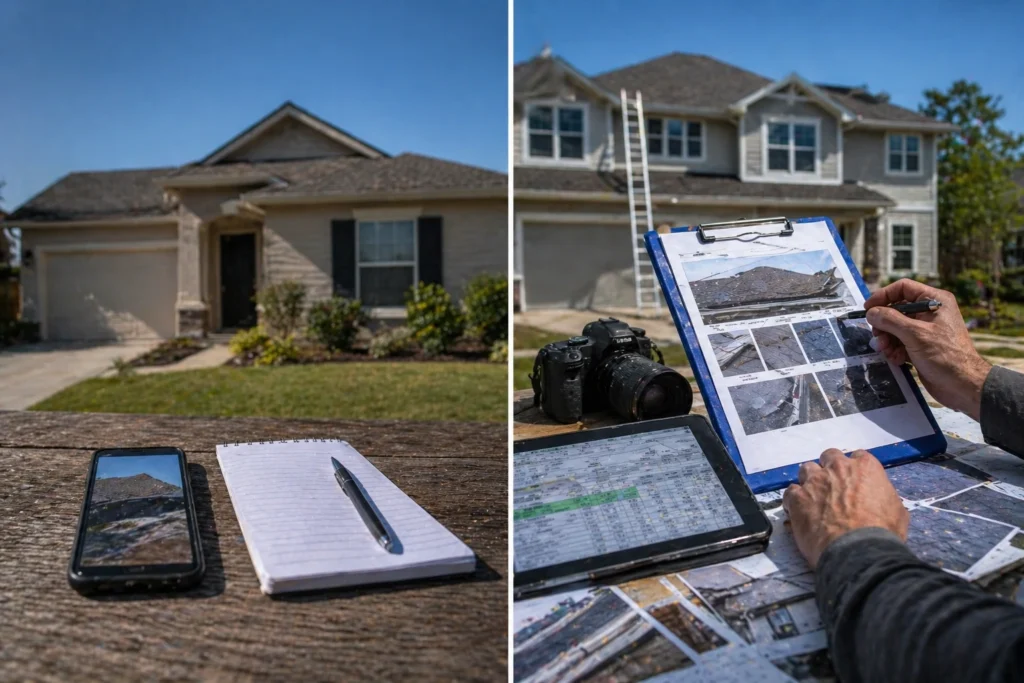 Roofing components including flashing, vents, and ridge cap reviewed during a hail damage estimate